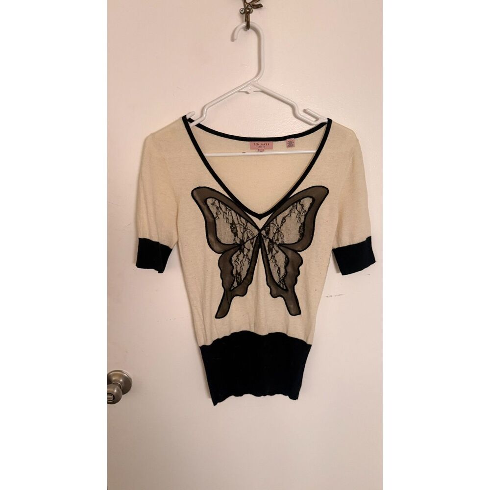 Ted Baker London Cashmere Wool Blend Lace Butterfly V-Neck Knit Top Cream 2